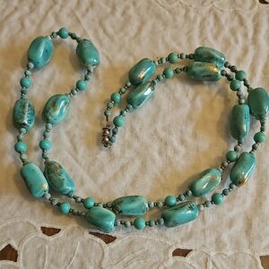 Vintage Turquoise Glazed And Gold Ceramic Beaded Necklace